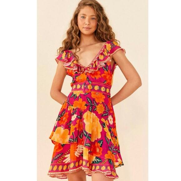 FARM RIO Pink Flowers Tapestry V-Neck Mini Dress Sz S - Picture 13 of 13